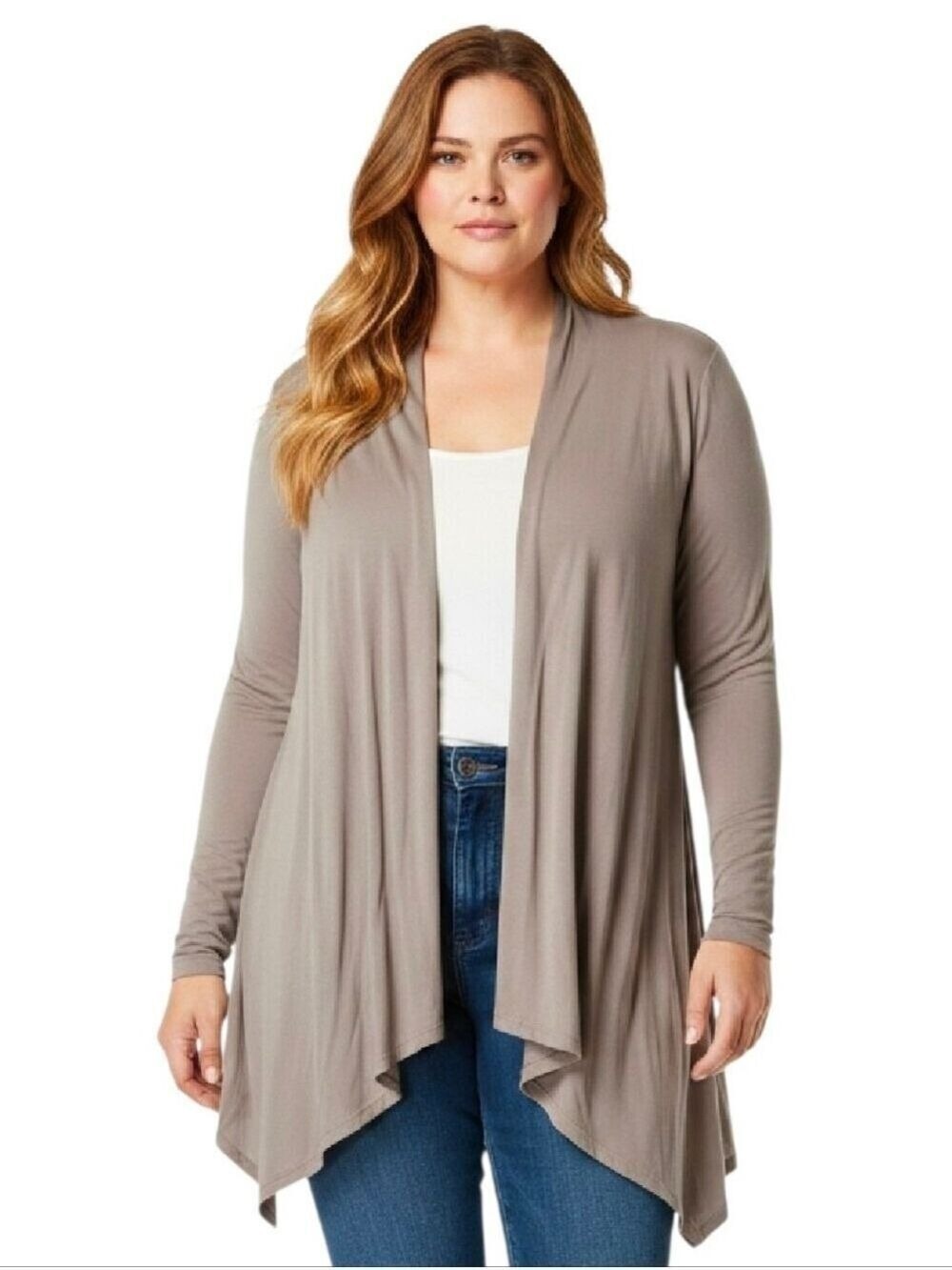 EUC B&B PLUS 2X TAUPE LIGHTWEIGHT SOFT KNIT DRAPED OPEN FRONT LAYERING CARDIGAN